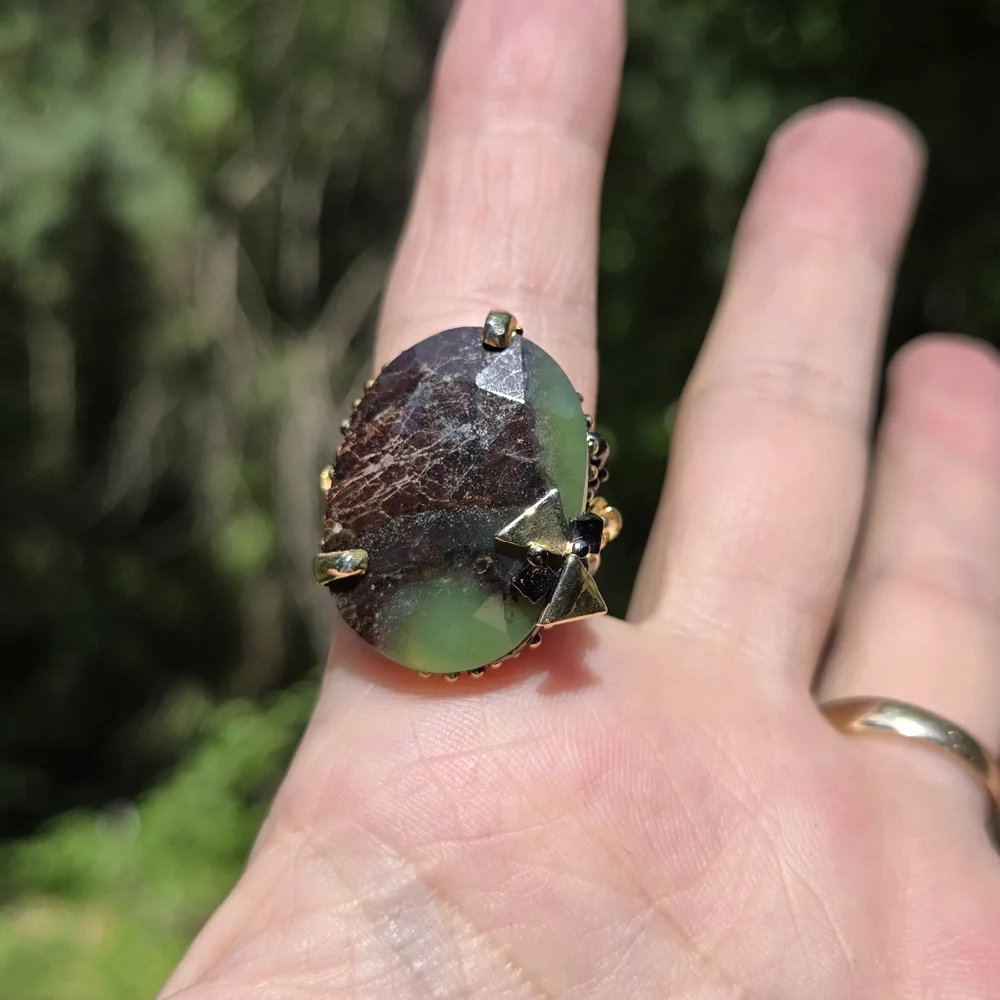 Chrysoprase 30k HUGE & Topaz sterling & gold ring sz7 - Picture 8 of 10